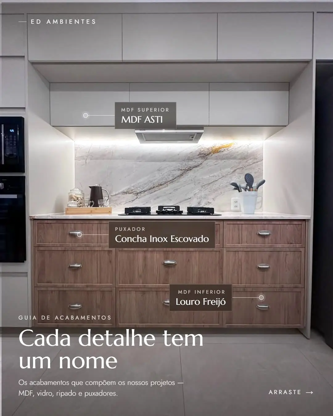 Detalhe de cozinha com puxador, MDF superior e inferior nomeados